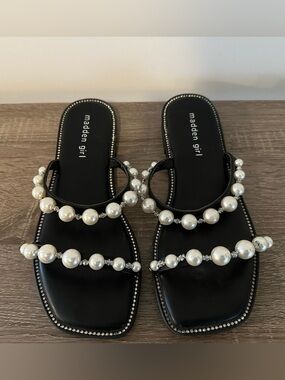 Madden Girl Black Slide Sandals with Pearl Straps